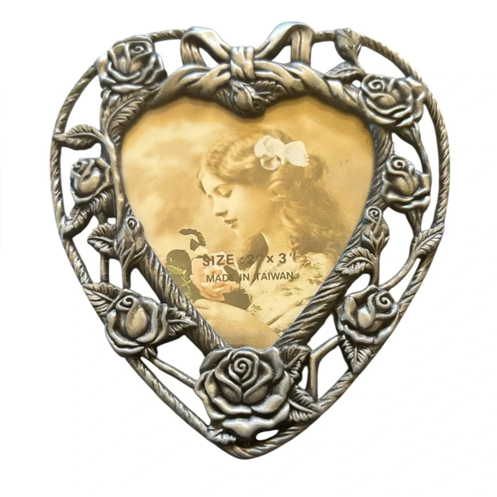 Vintage Heart-Shaped Silver Photo Frame with Rose Design 2 X 3 inches